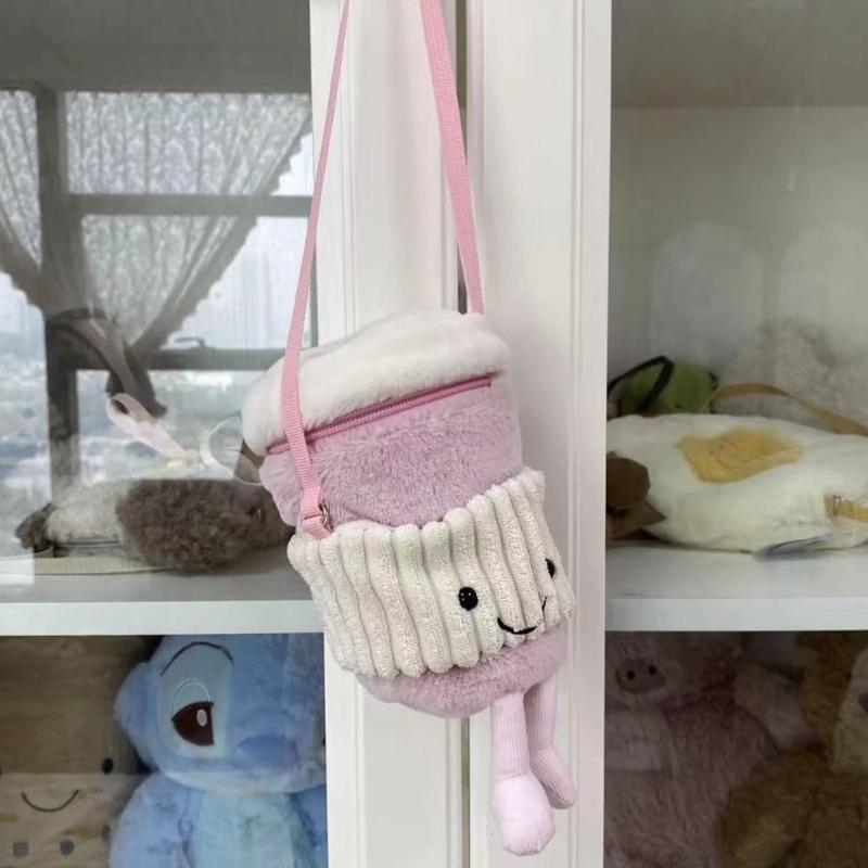 Cute Cartoon Soft Plush Crossbody Bag Cartoon Cup Sleeves, Coffee Water Cup Bag Cartoon Milk Tea Bag