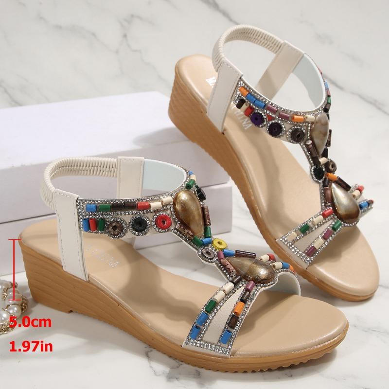 

Summer Bohemian Sandals European Fashion Wood Bead Rhinestone Heel Beach Sandals Women 42 белый