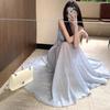French blue waist suspender long dress dress summer French square neck texture skirt beautiful waist skirt