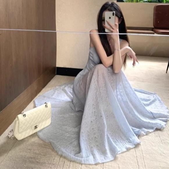French blue waist suspender long dress dress summer French square neck texture skirt beautiful waist skirt