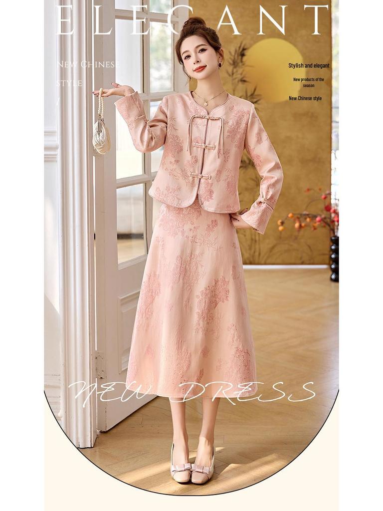 Set Jachetă și Fustă Retro Chinezesc Jacquard cu Nasturi Broască pentru Femei 2025