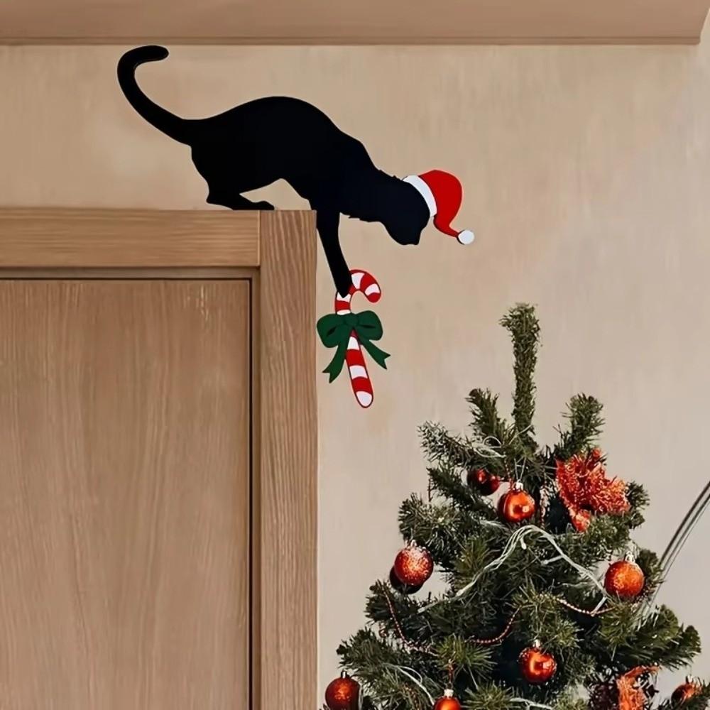 Cat Shaped Christmas Door Corner Decoration Fun Charming Imitation Wood Door Frame Ornament Rustic Door Decoration