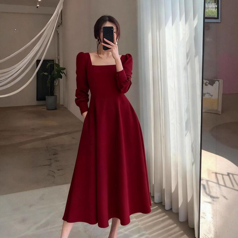 Little black dress women's spring and autumn new retro square collar long over the knee black temperament dress long dress