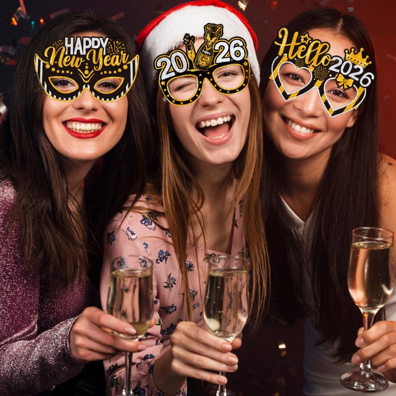 6Pcs/Set 2026 Happy New Year Black Gold New Year Paper Glasses Photo Props