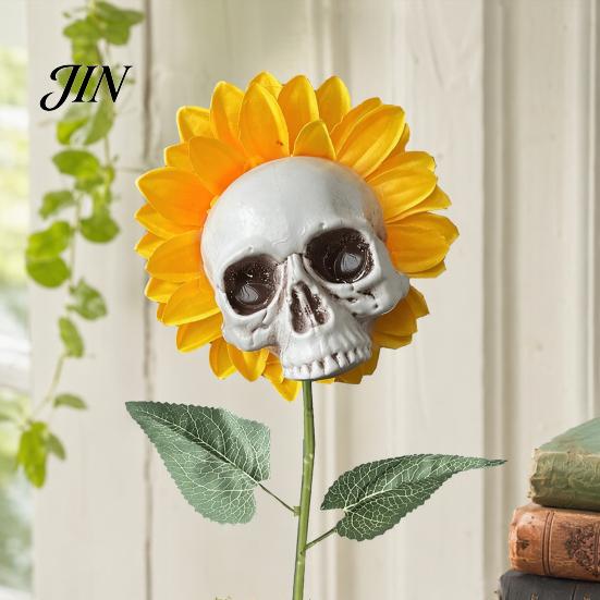 Halloween Lawn Decoration Sunflower Skull Ornament, Theme Garden Decor, Potted Skeleton Flower Pot Plant Waterproof Outdoor Decoration, for Patio Yard