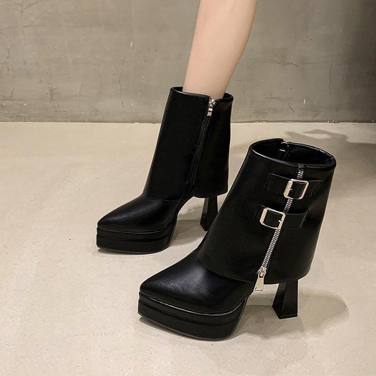 Fashion Comemore New Pointed Ultra-high Heel Boots for Women Belt Buckle Side Zipper Trouser Short Botines Thick Bottom Women's Shoes