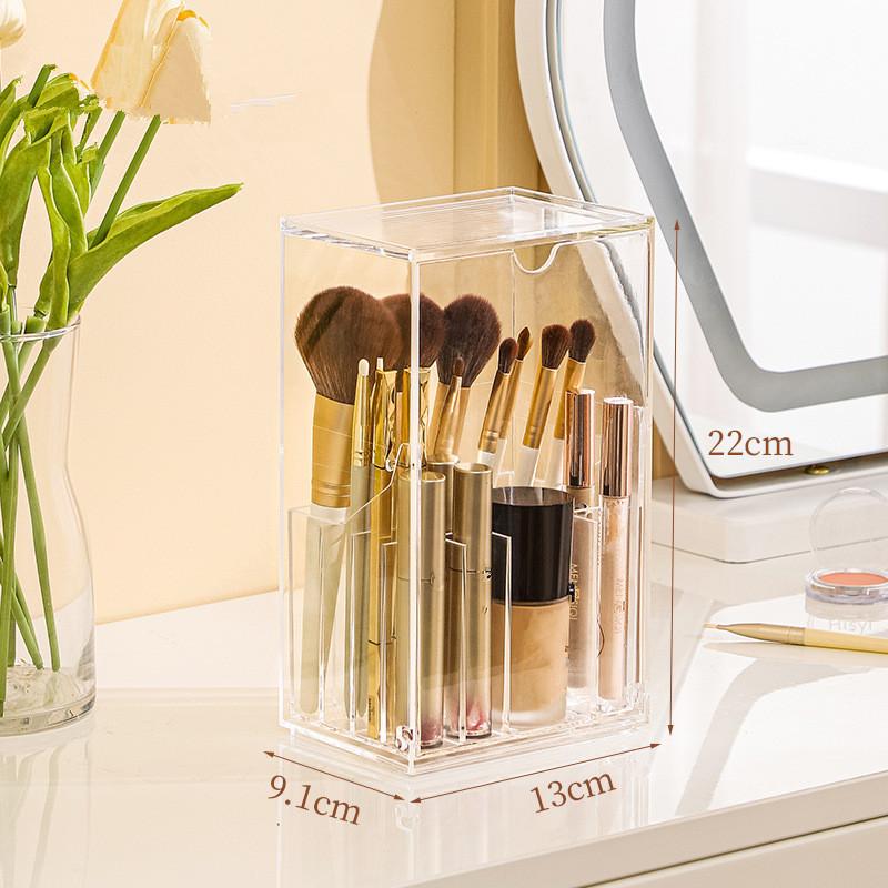 Flip-Top Clear Makeup Brush Holder Cosmetic Storage Box Dust-Proof Desktop Organizer