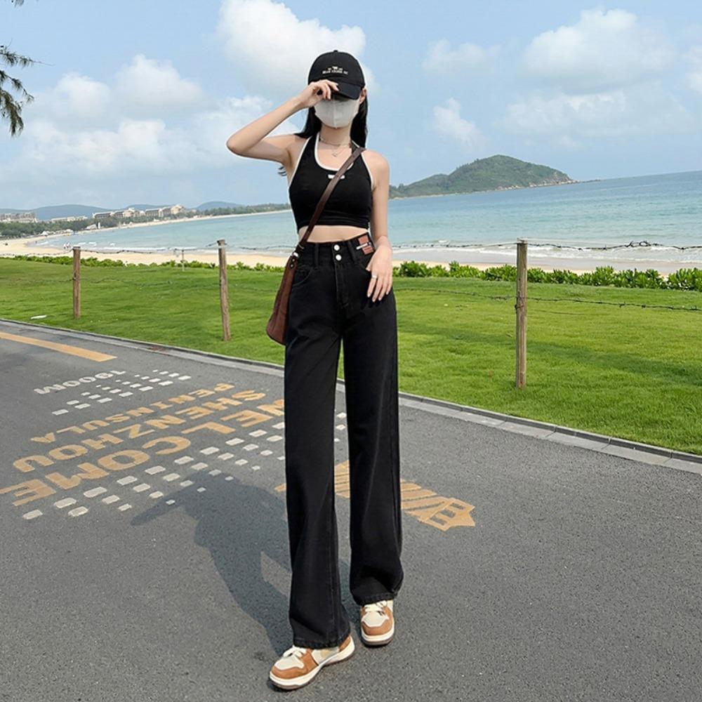 New Spring and Autumn High Waist Loose Design Feeling Leather Brand Wide Legs Show Tall and Skinny Dropping Feeling Straight Jeans Tide