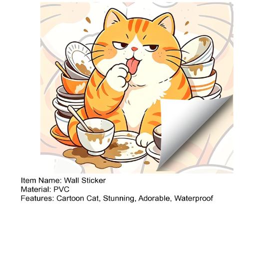 Yousheng Cartoon Cat Wall Sticker, Funny Orange Cat Bathing/Licking Wall Decal, Peel And Stick Self-Adhesive PVC Room Mural for Kitchen, Bathroom