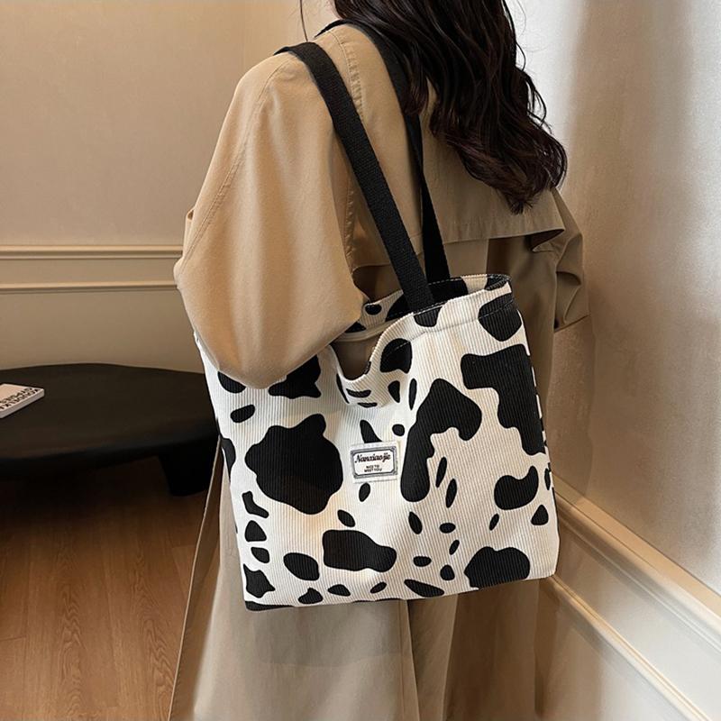 Fashion Large Capacity Cow Print Corduroy Tote Bag for Women Reusable Cute Commuter Shoulder Bag with Zipper, Foldable Shopping Bag