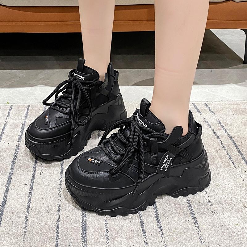 Dam Höga Platå Casual Läderskor Nya Höst Snörning Chunky Sneakers Kilar Dolda Klackar Fritids Vita Skor Dam