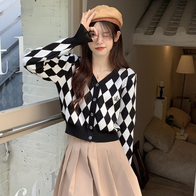 

Женский кардиган с длинными рукавами, вязаные короткие топы, V-образный вырез, ромбическая решетка