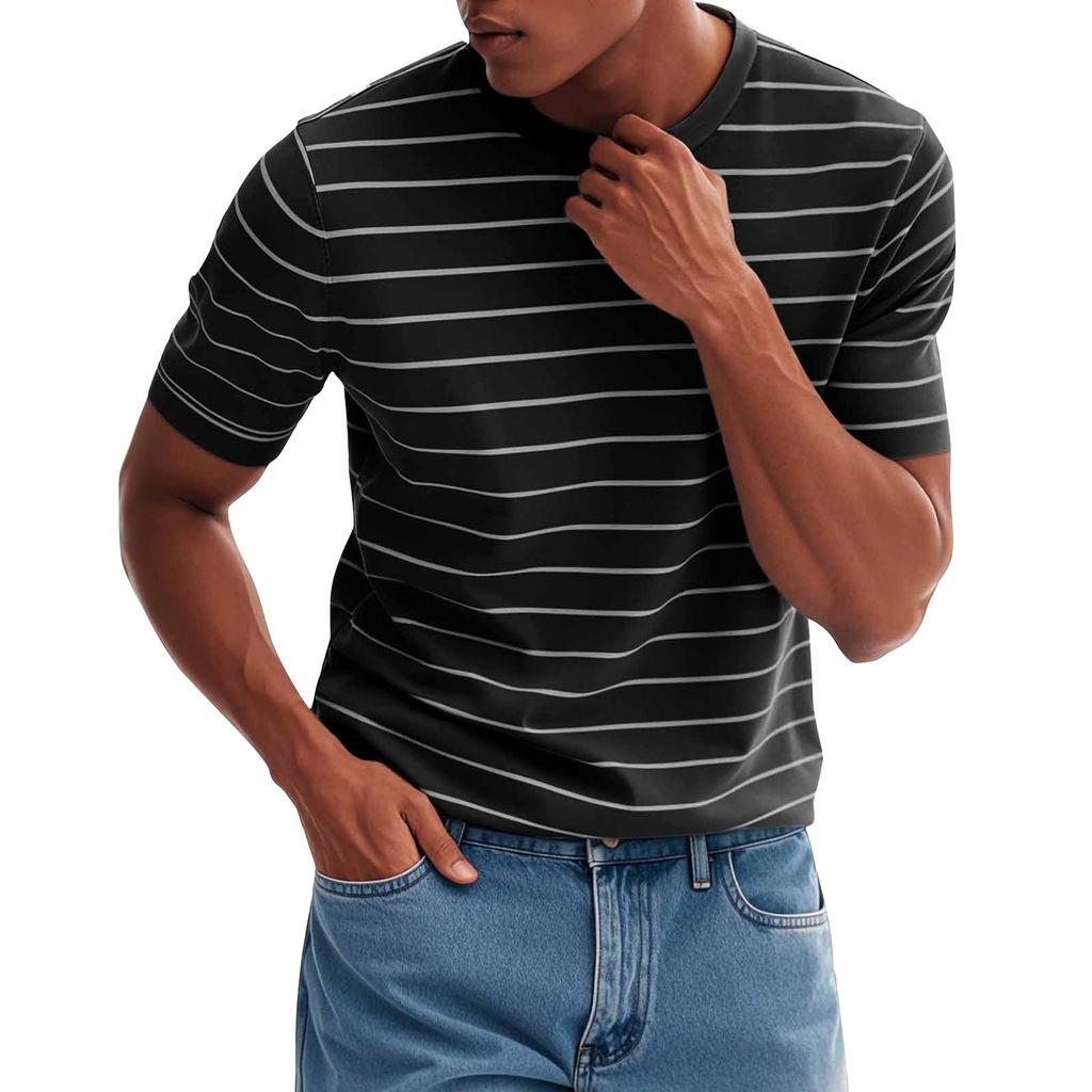 Men's Fashionable Casual Stripe Print Round Neck Short Sleeve T-Shirt Top