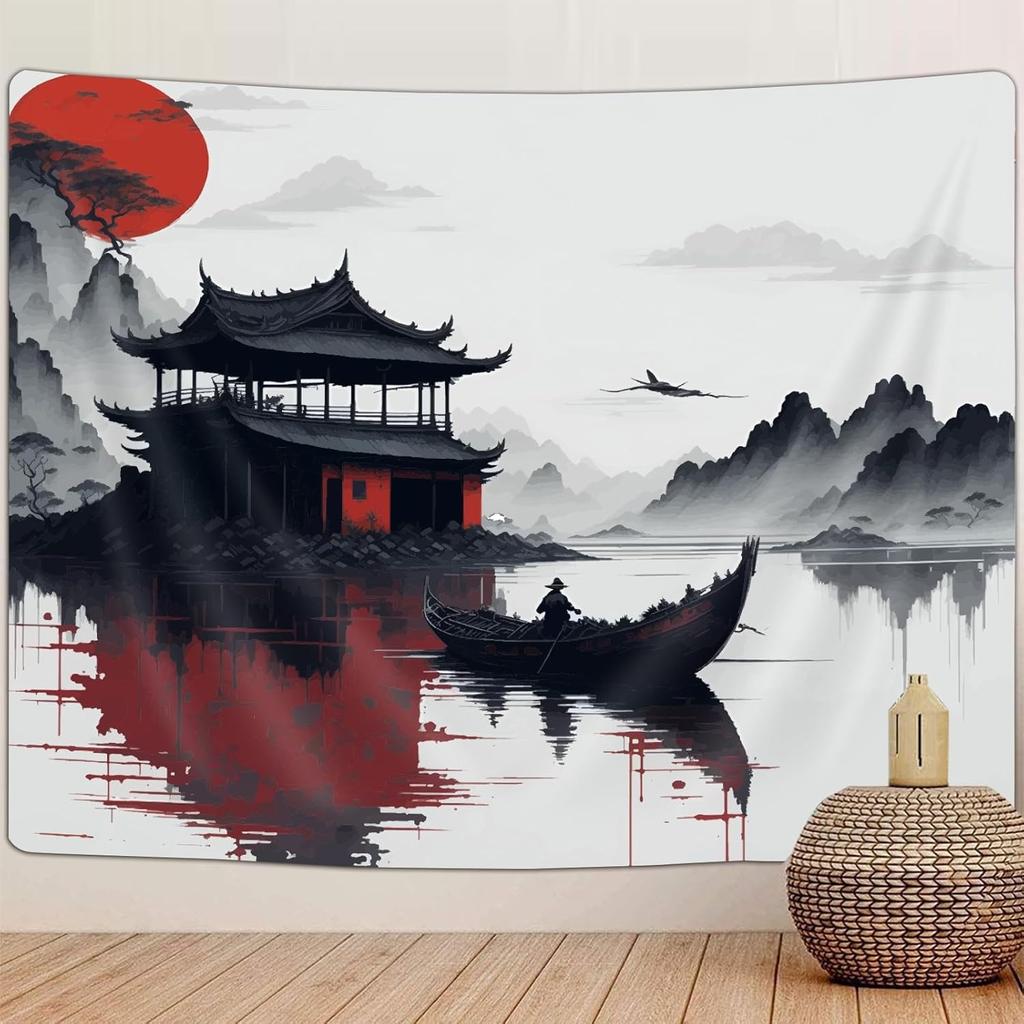 1 piece traditional Chinese landscape tapestry, polyester fabric, suitable for bedroom and living room interior decoration