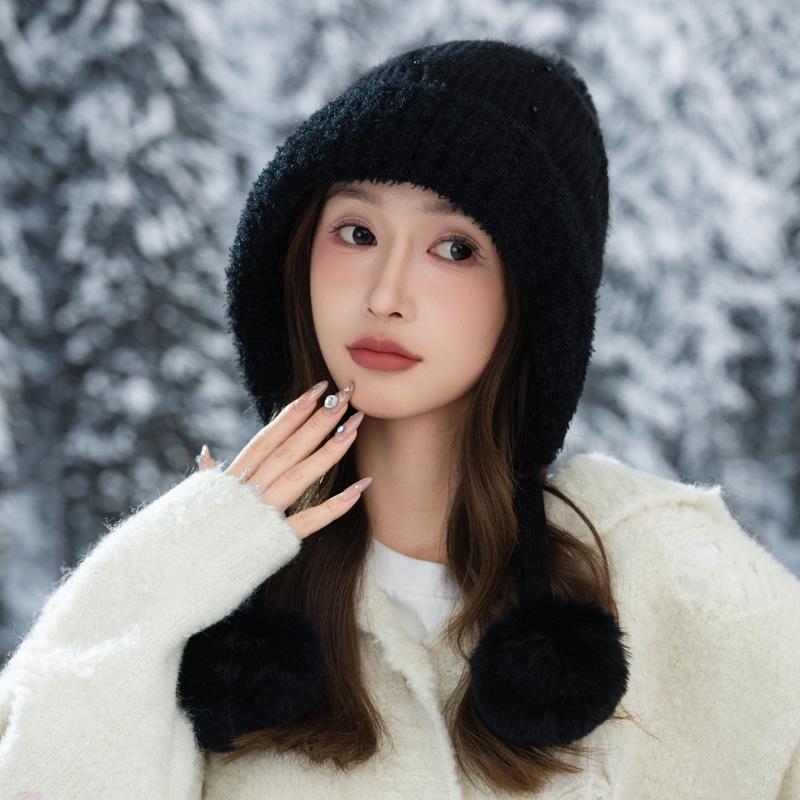 Autumn and Winter Hats for Women Sweet and Cute Fur Balls and Velvet Rabbit Fur Warm Hats Fashionable and Versatile Ear Protection Wool Hats
