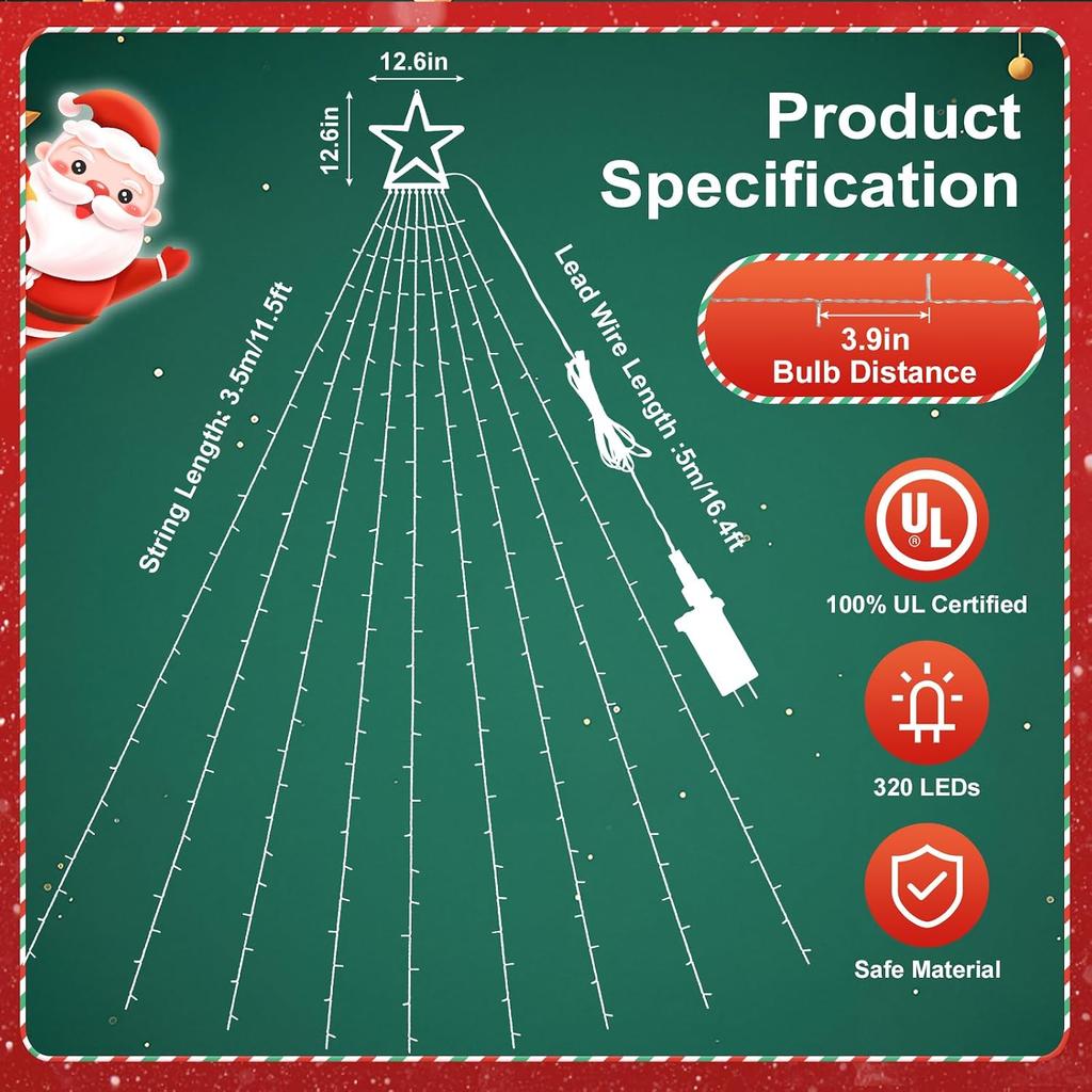 Outdoor Christmas Lights, 320 LED Christmas Decorations, Outdoor Star String Lights with 8 Modes Waterproof for Christmas New Year Holiday Decor
