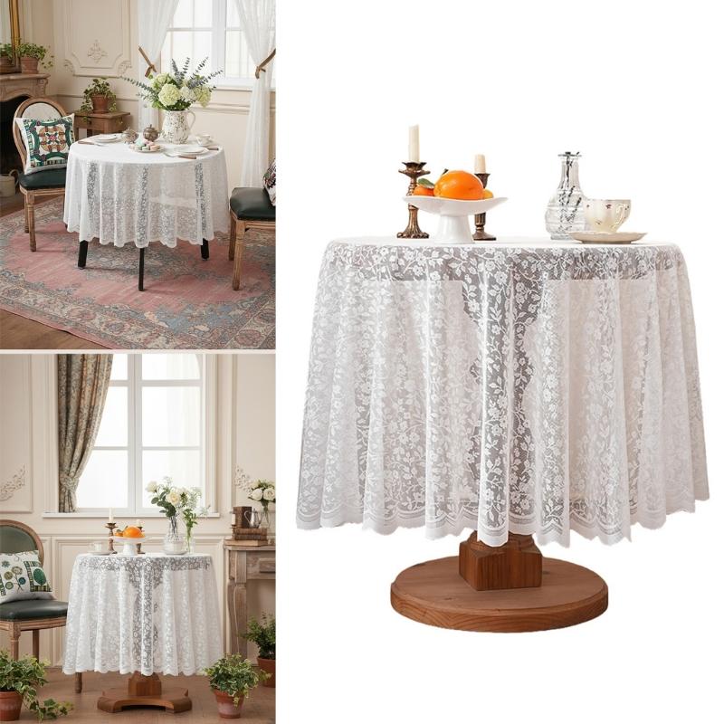 Stylish Floral Lace Round Tablecloth Table Cover Stains Resistant Fabric Multipurpose Use For Kitchen Office Wedding