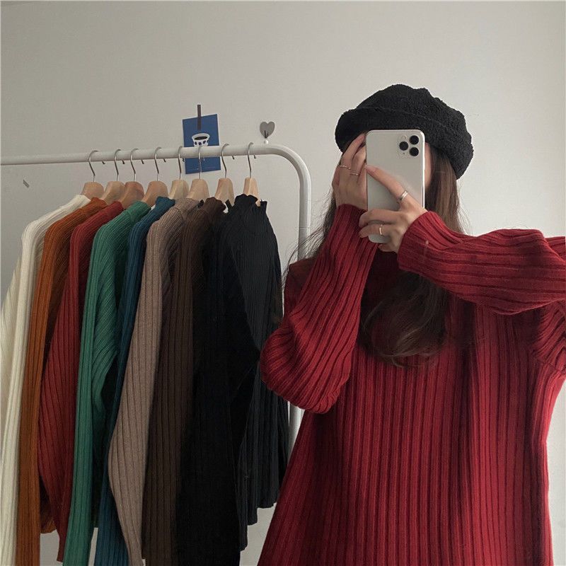 Half Turtleneck Knitted Sweater Loose Solid-color Sweater for Women Casual and Versatile Pullover for Autumn and Winter Outerwear