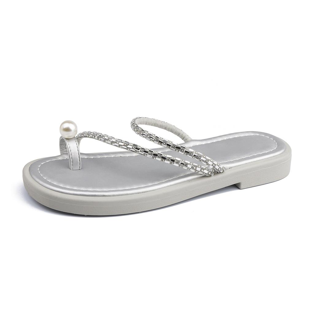 Yuanli Tong Cool Slippers Women's - Pearl Puffs~ Rhinestone Set Toes Casual Exquisite Flat Bottom Sandals Women's Slippers Outer Wear Summer