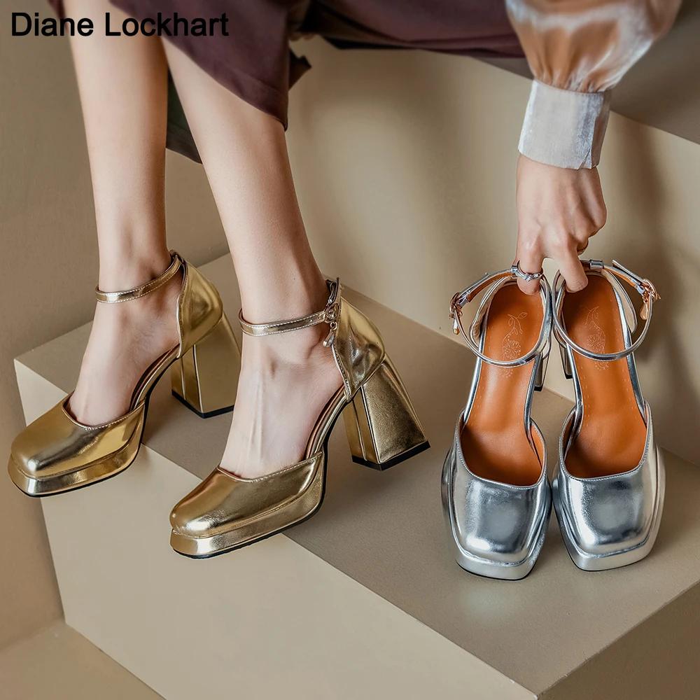 Fashion 2025 New Gold Silver Women Platform Pumps Thick Heels Mary Jane Shoes Woman Square Toe High Heeled Shoes Ladies Mirror Pumps