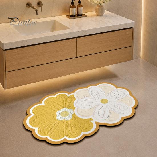 Quick Dry Shower Mat Double Flower Bath Mat, Super Absorbent Diatomaceous Earth Rug, Non-Slip Floral Washable Drying for Bathroom Floor Home Entrance