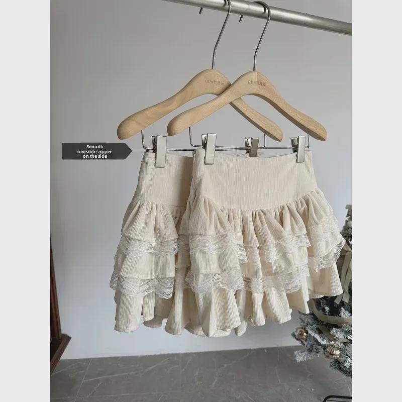 White A-Line High Waist Lace Splicing Puffy Short Skirt - Autumn & Winter Collection