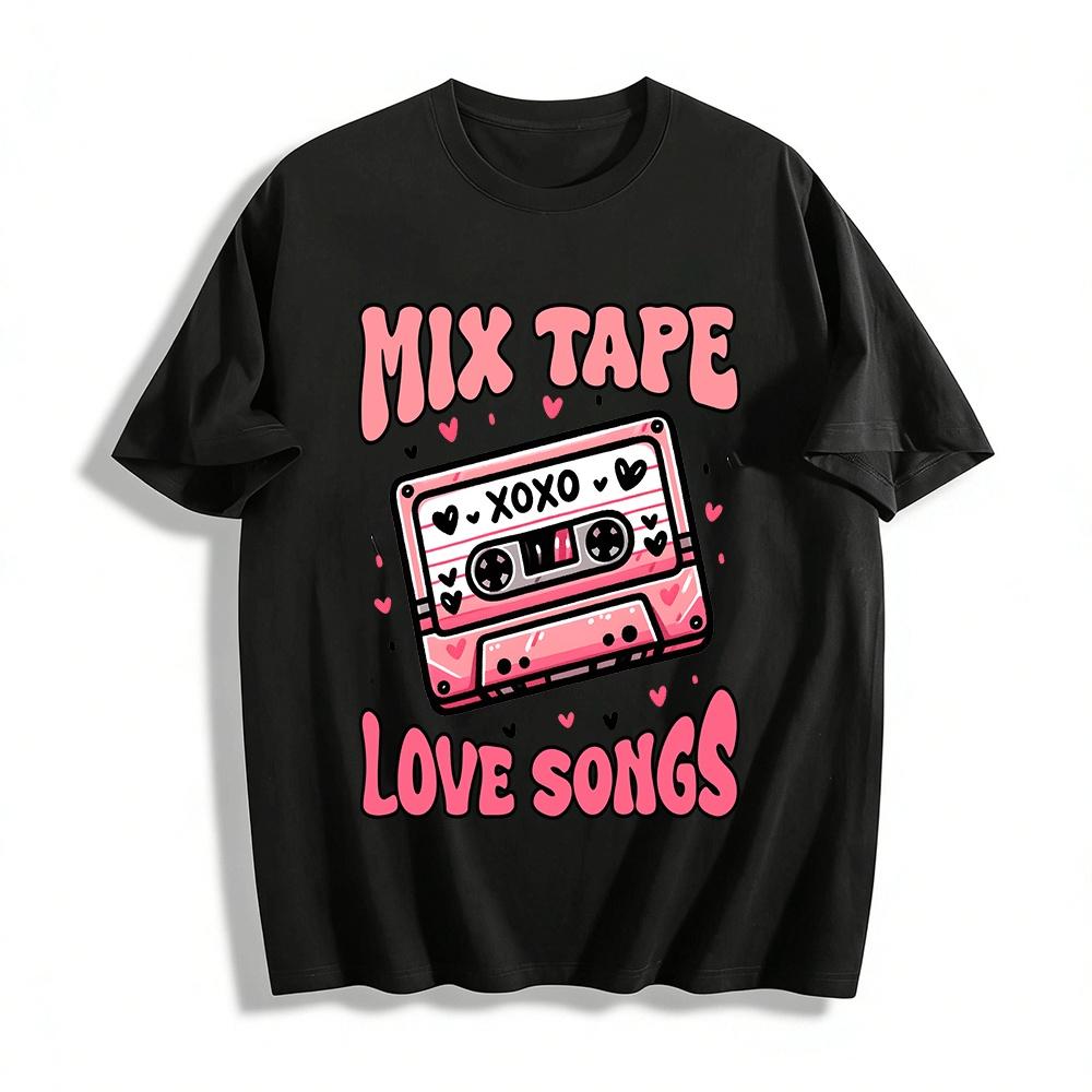 

Vintage Love Heart Cassette Tape Love Song Graphic Casual Top Pure cotton T-shirt XXS