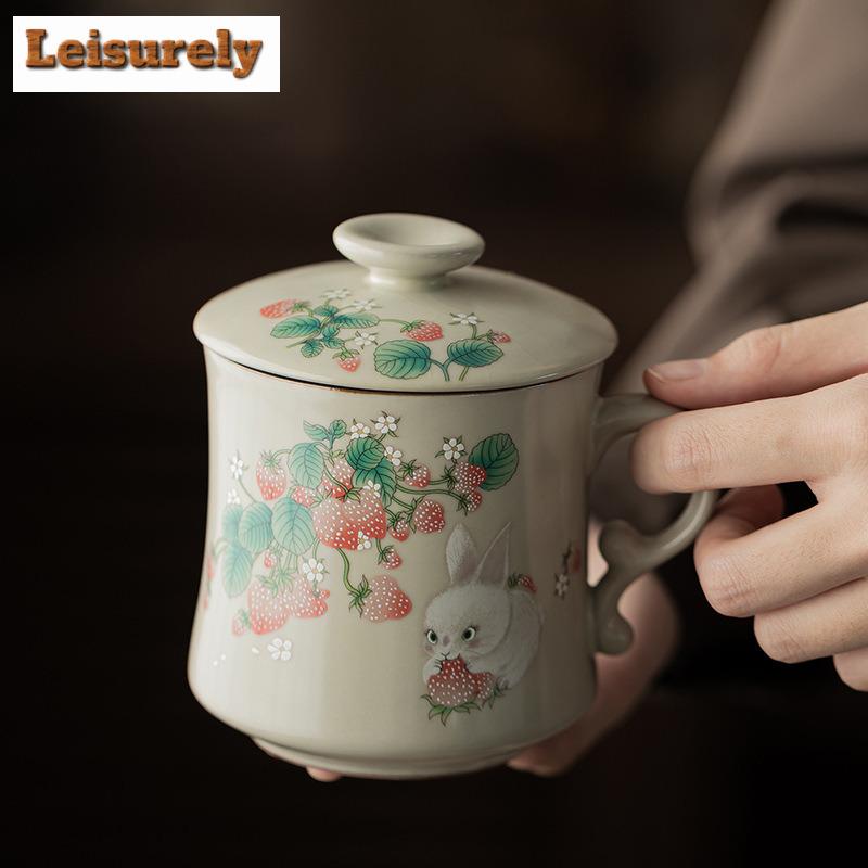 350ml Ru Kiln Strawberry Rabbit Crescent Moon Filter Tea Separator Cup Handmade Tea Mug With Infuser Tea Maker Office Water Cup