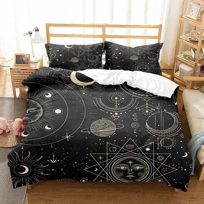 Sonne Mond Bettbezug KingQueen Größe, Galaxie Boho Exotisches Bettwäscheset Schwarz Gold Astrologie Himmlisch Polyester Steppdecke