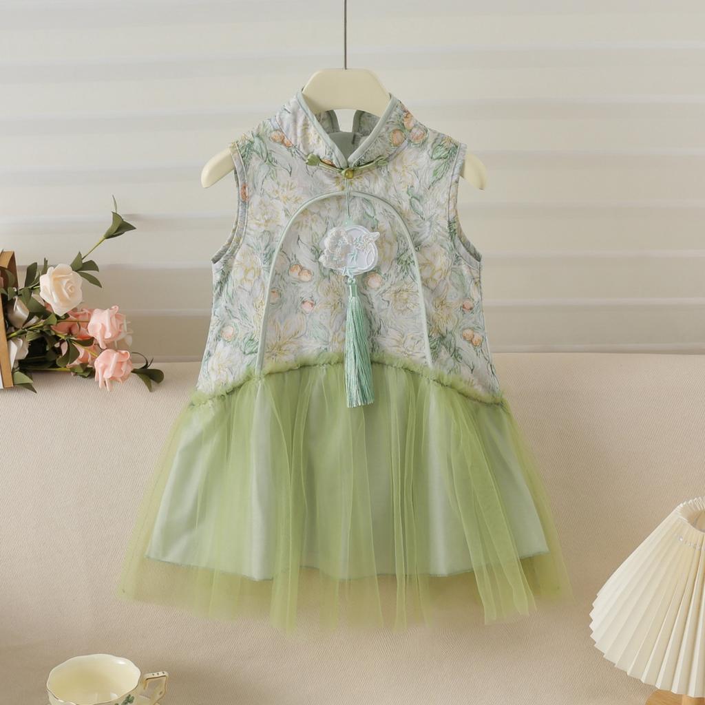 Girls' Chinese-Style Printed Summer Dress With Auspicious Phoenix Design Cool Mesh Cheongsam Dress