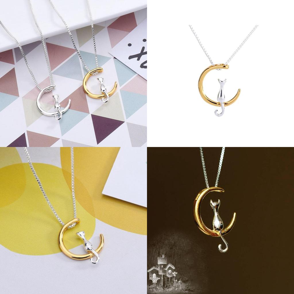 Exquisite Cute Cats Moon Pendant Necklace For Women Romantic Charm Chain Jewelry