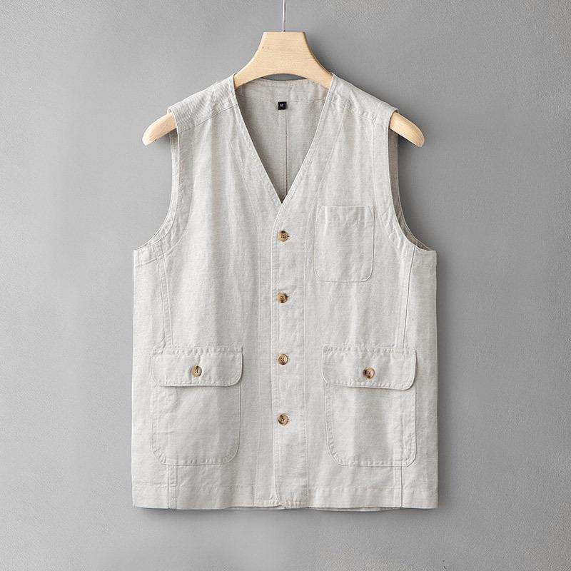 Men's Loose-Fit Japanese Style Linen-Cotton Vest - Trendy, Casual V-Neck Sleeveless Top In Plus Size