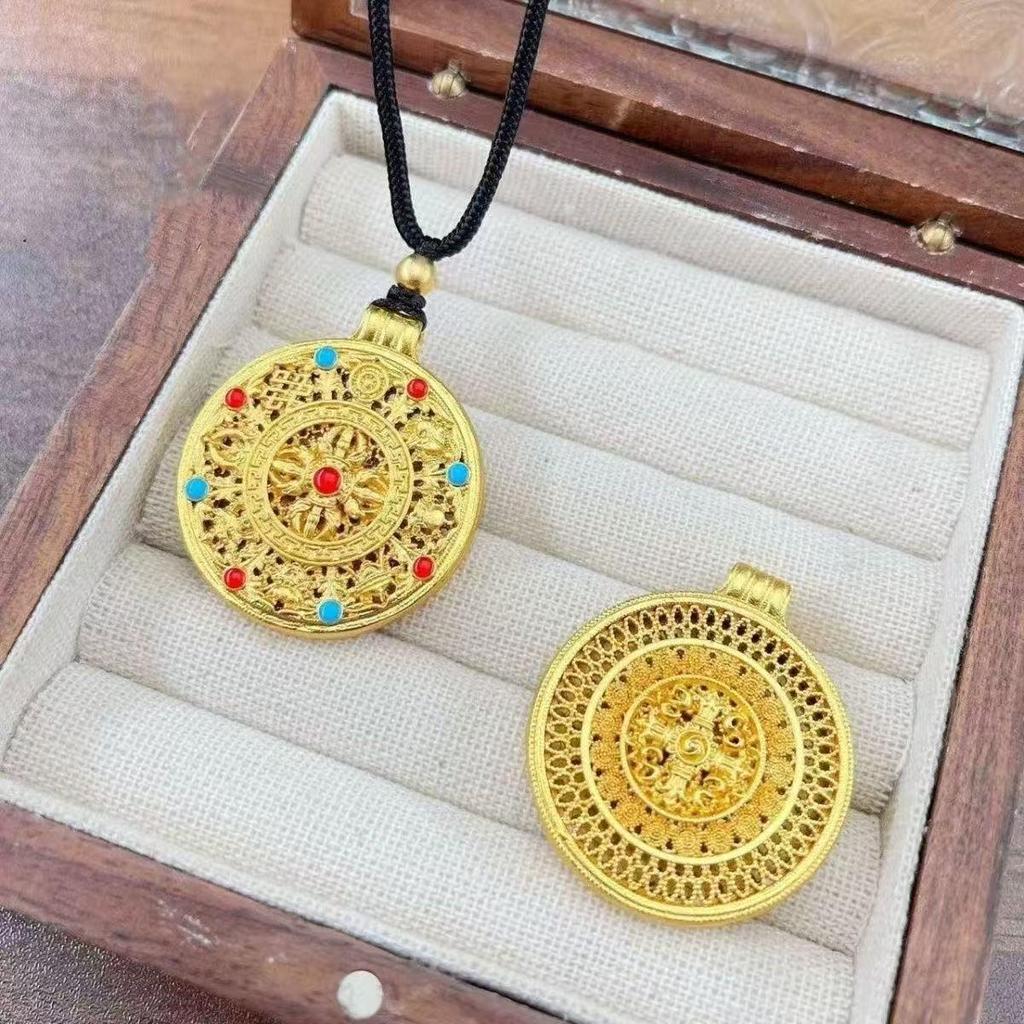 Gold-Plated Enamel Vajra Treasures Compass Amulet Necklace - Women's Good Luck Accessory