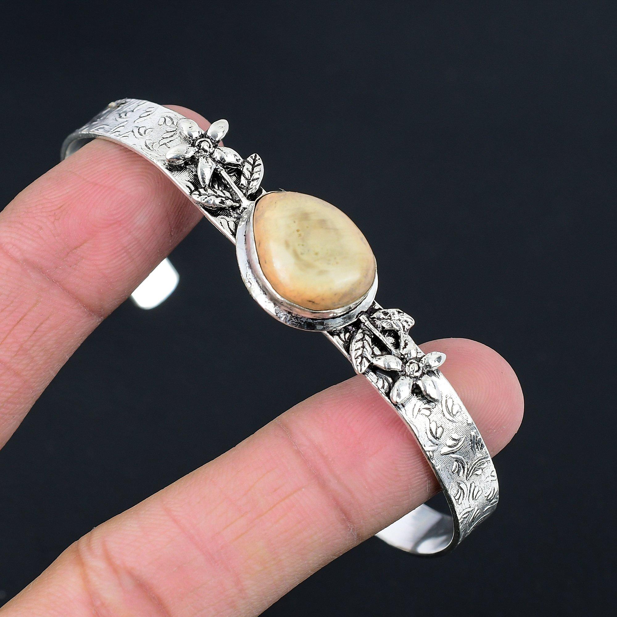 

Natural Imperial Jasper Ethnic Flower Mother Bangle Jewelry 925 Sterling Silver Adjustable