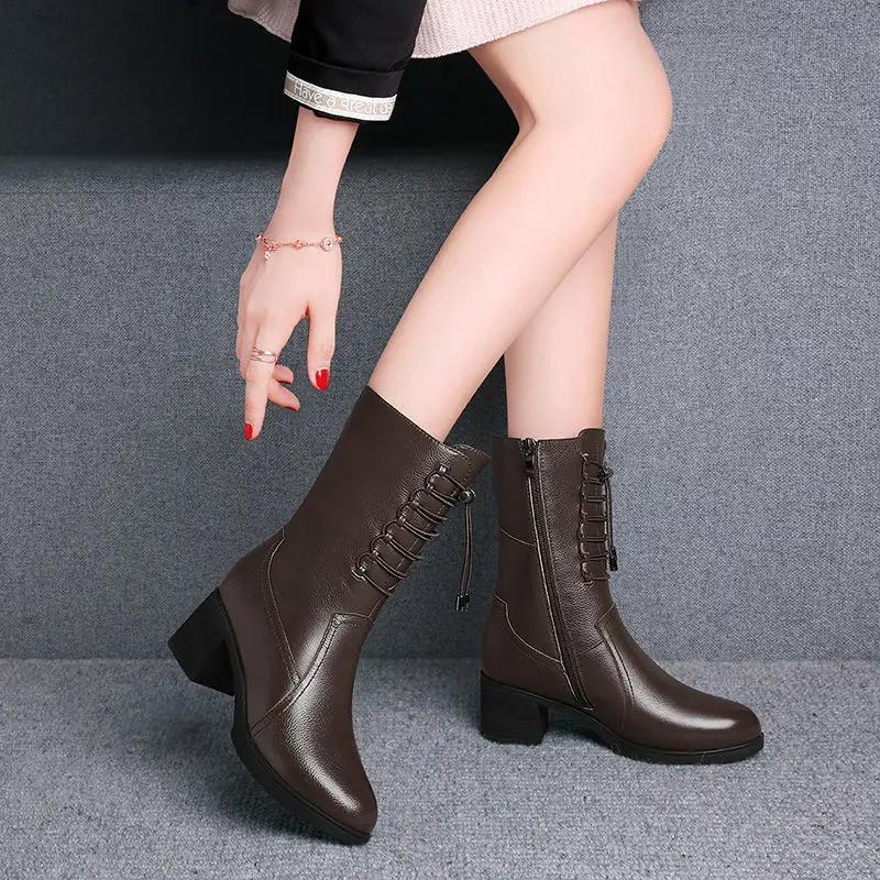 Fashion Autumn Winter Warm Leather Women's Half High Boots Gyaru Goth Work Trend 2025 Footwear on Promotion Pu Hot Ladies Mid Calf Shoes