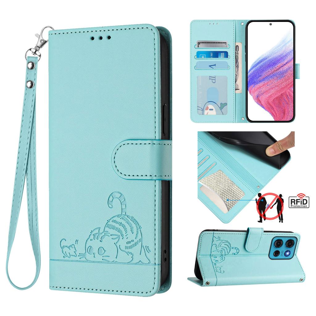 For Motorola Moto G75 5G Case with Strap RFID Blocking Leather Wallet Phone Cover Cat Mouse Pattern