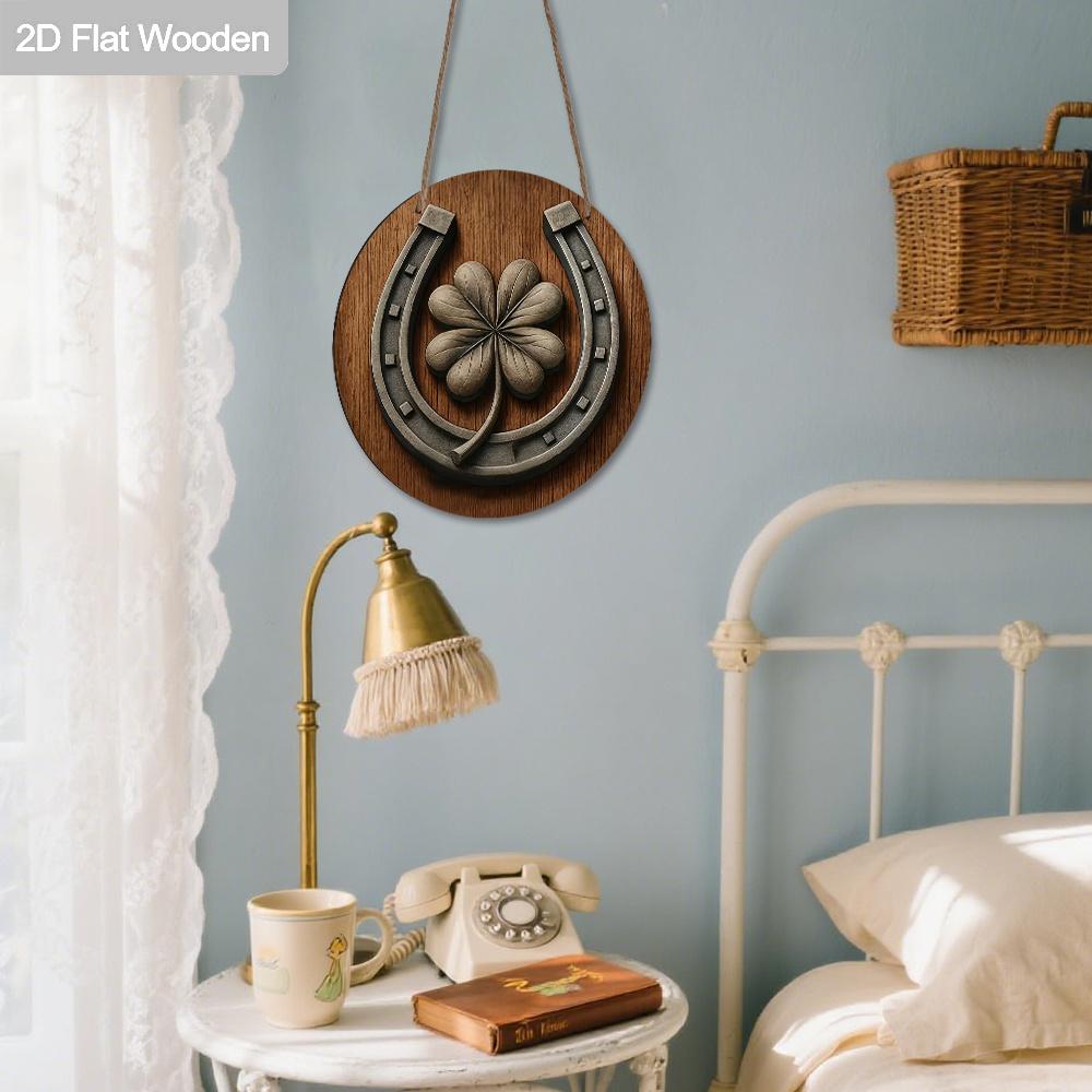 2D Flat 1pc Vintage St. Patrick's Day Four-Leaf Clover Horseshoe Wooden Sign Round Ornament, Home Office Bedroom Living Room Garage Garden Balcony