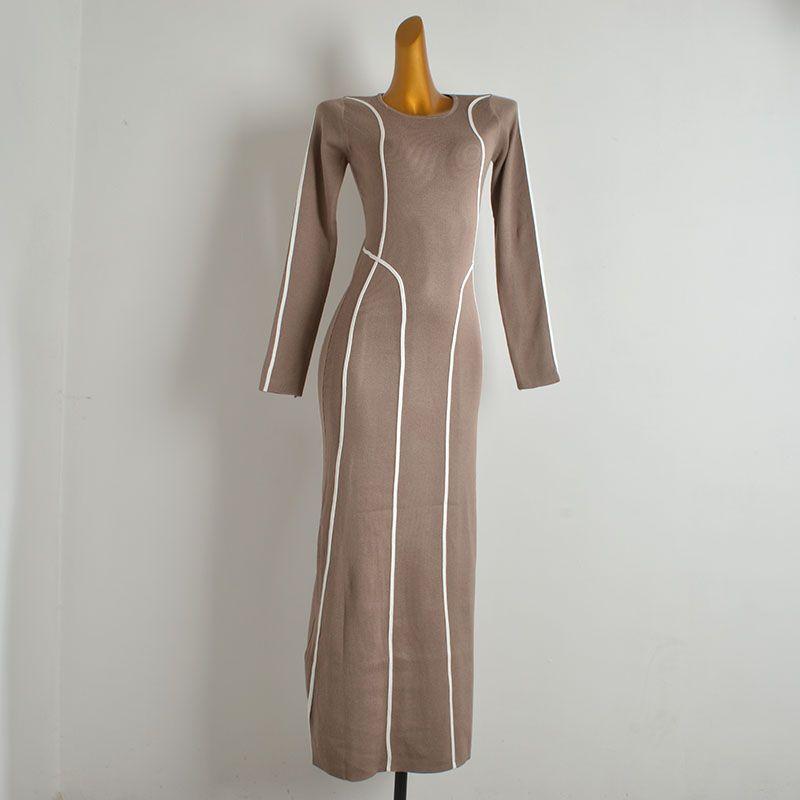 

French style New Contrast Color round Neck Knitted dress Women clothes Autumn Fashion Slim fit Slimming over the Knee Long One-Step Skirt Figure Color All yards(Long Skirt)