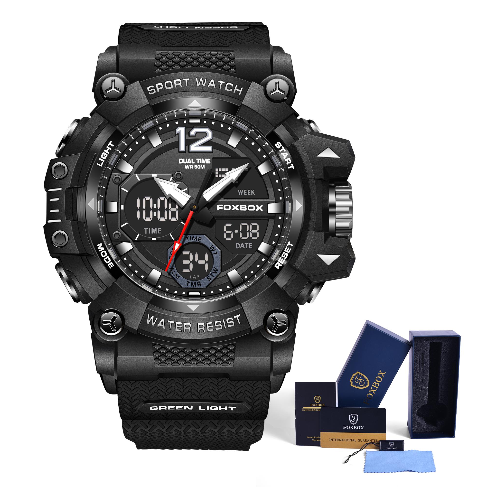 

LIGE x FOXBOX Брендовые модные мужские часы с цифровым двойным дисплеем, светящиеся водонепроницаемые спортивные часы с будильником чёрный