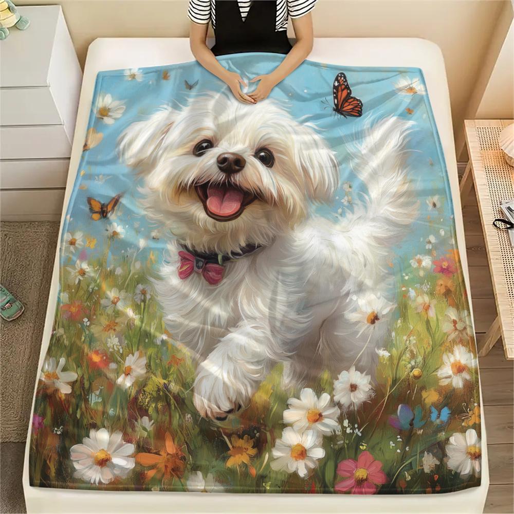 Maltese Dog and Grass,pattern Flannel Blanket, High Quality Comfortable for All Seasons, Home Decor, Warmth and Comfort, Perfect for Gifts.
