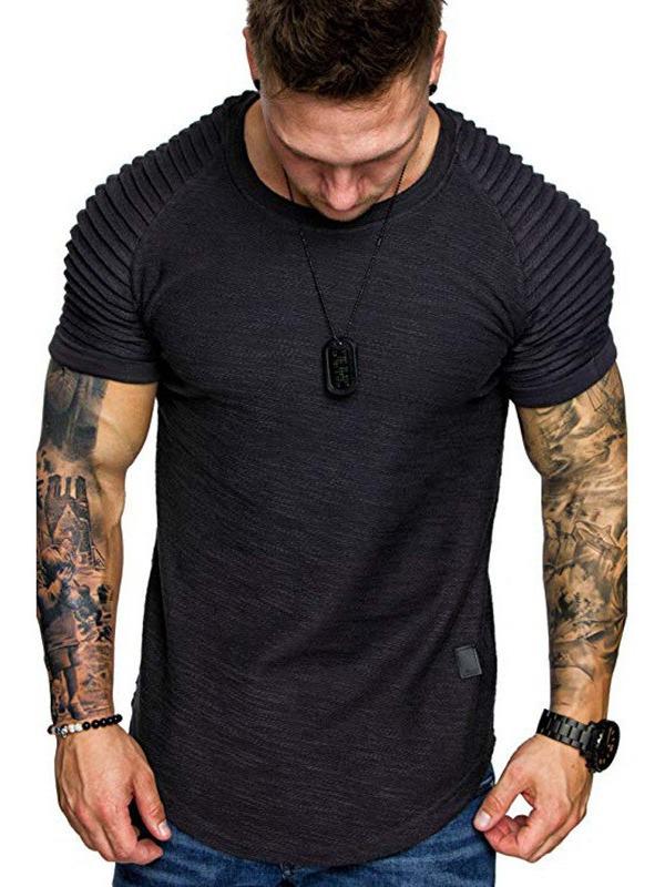 European & American Men's Slim Fit Crew Neck Pleated T-Shirt - Solid Color, Casual Short Sleeve