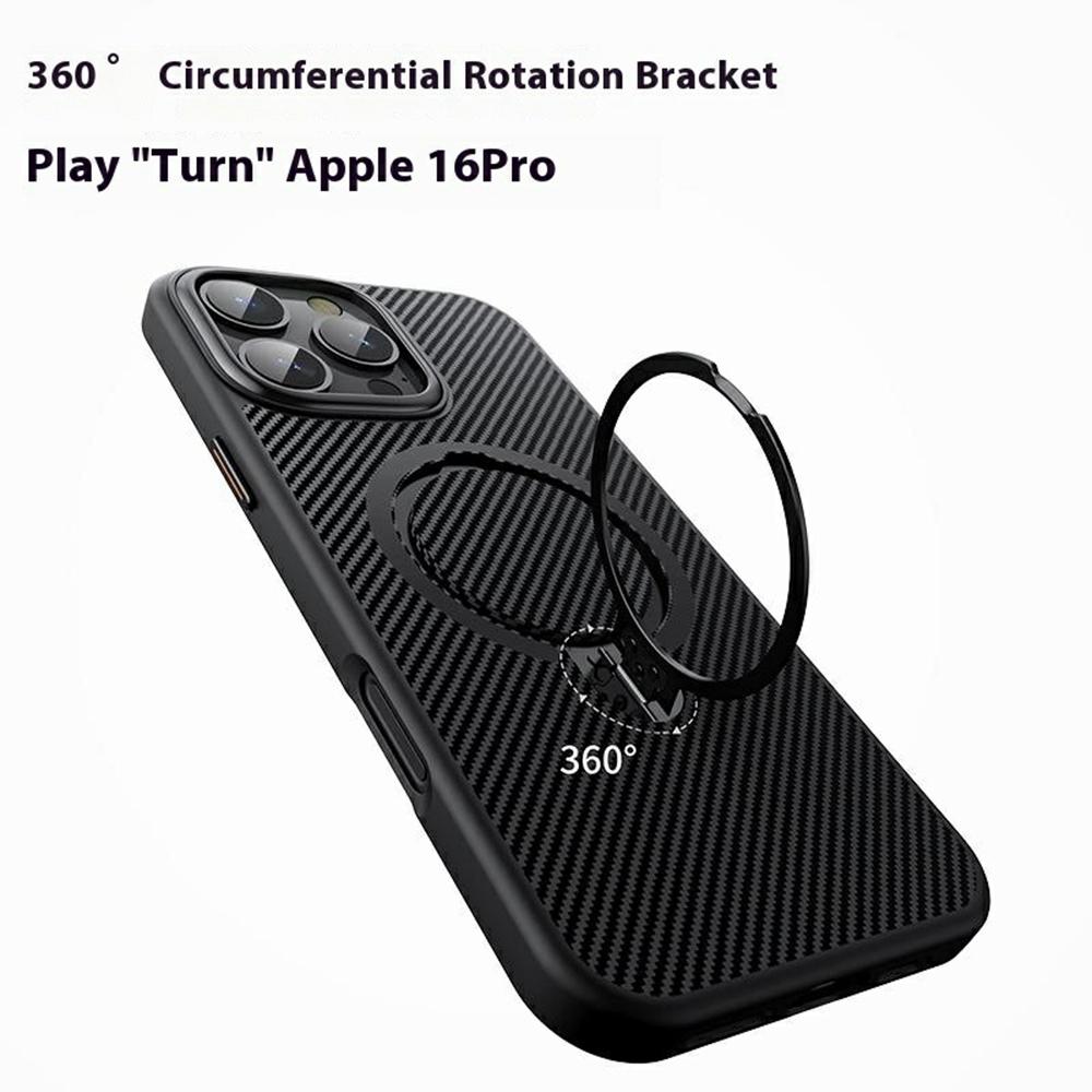 For iPhone 16 Pro Case Compatible with MagSafe Kickstand Carbon Fiber Texture PC + TPU Back Cover