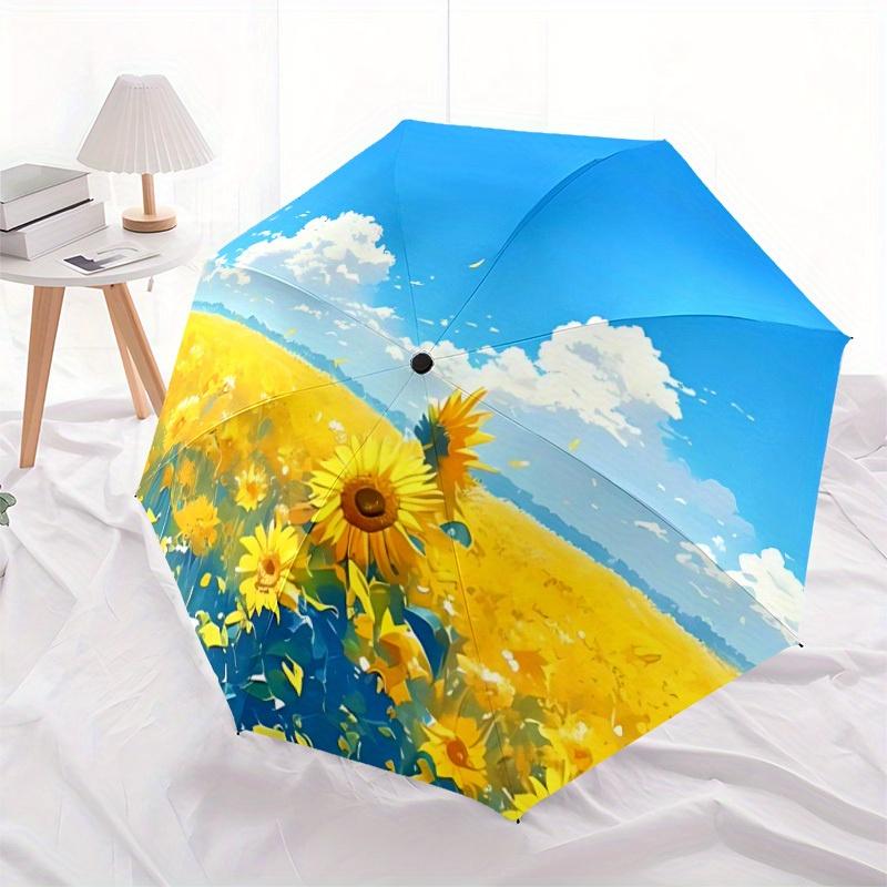 1pc Sunflower Field Auto Open/close, All-Season Portable Folding Umbrella for Women & Men, Travel, Everyday, Formal Events - Compact Luxury Parasol, O