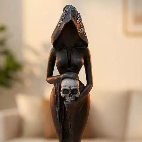 Faceless Hooded Resin Statue, Gothic Dark Halloween Ornament, Mysterious Ghost Holding Skull Sculpture, Artistic Figurine with Dress for Living Room