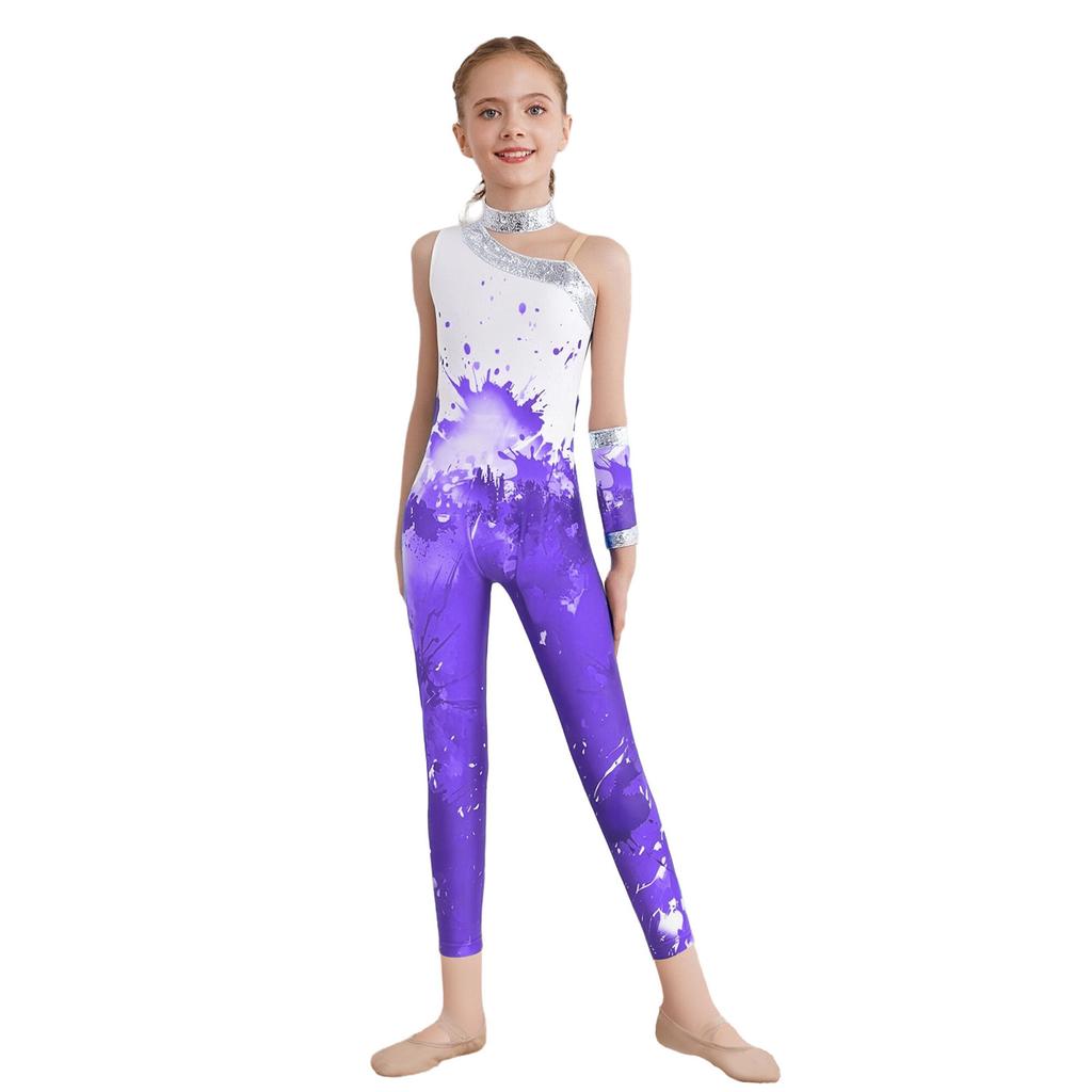 Girls Shiny Sequins Printed Gymnastics Jumpsuit: Sleeveless Asymmetrical Bodysuit Full Length Leotard 1Pc Glove for Figure Skating Dance Performance