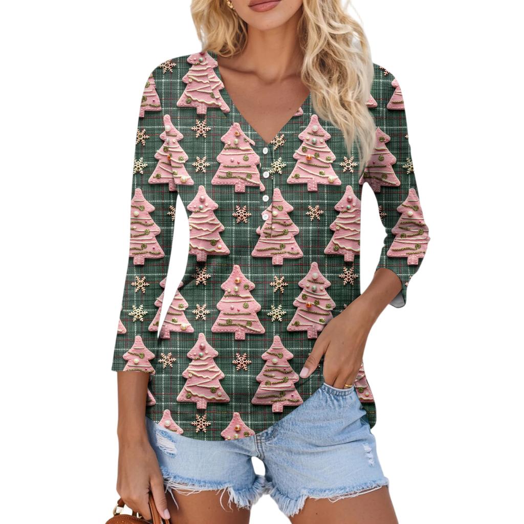 Women's Casual Fashion Sexy Comfortable Christmas Print V-Neck Button Three-quarter Sleeve Top