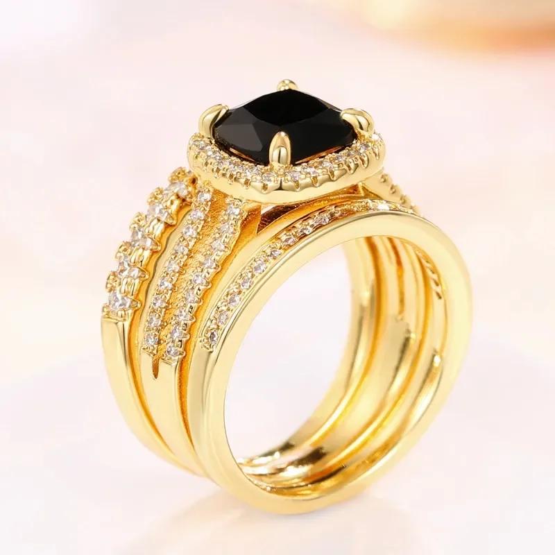 Elegant Cushion Black Cubic Zirconia Set Rings Luxury S Accessories for Women Modern Design Wedding Fashion Jewelry