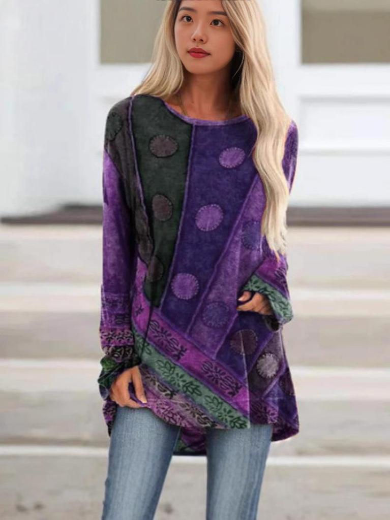 Top da donna a manica lunga con scollo rotondo, stampa stile etnico retrò