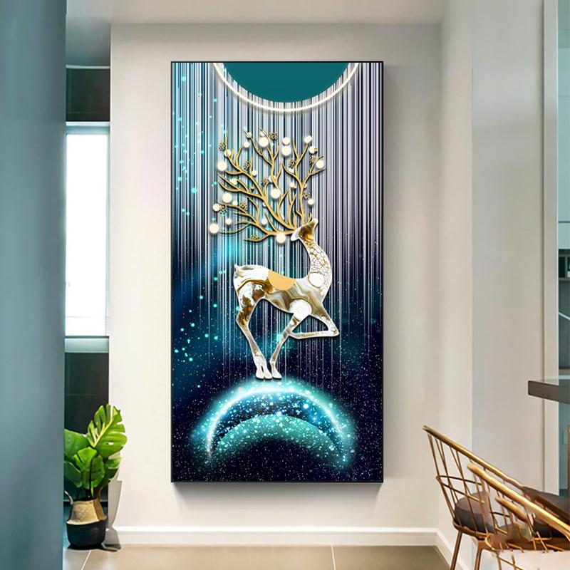 Abstract Fengshui Golden Deer Canvas Painting Zen Stone Posters and Prints Modern Luxury Leaves Wall Art for Porch Decor Unframe