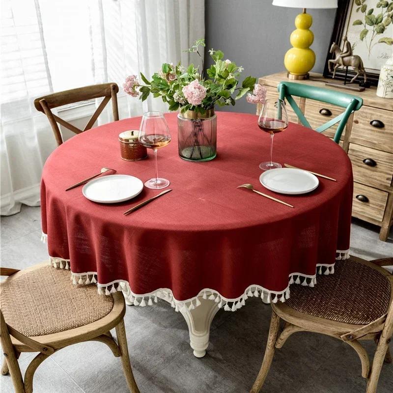 Tassels Tablecloth Waterproof Solid Color Table Cloth Round Cotton Linen Table Cover Dining Party Hotel Desk Case